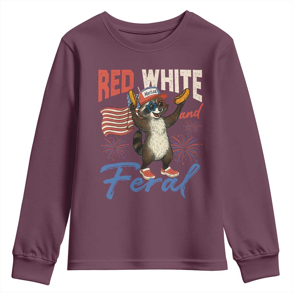 Funny Raccoon July 4th Youth Sweatshirt Red White and Feral Patriotic Trash Panda TS10 Maroon Print Your Wear