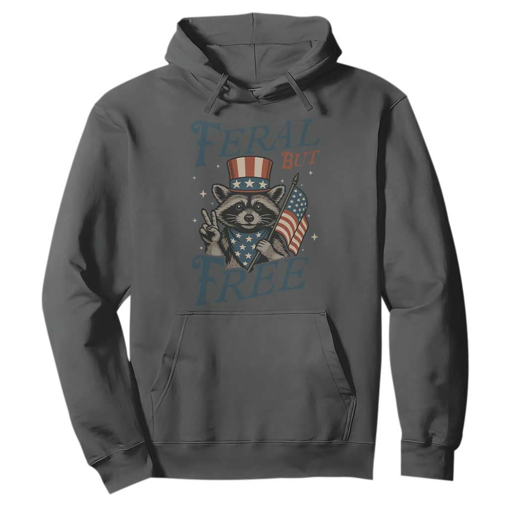 Funny Raccoon Patriotic Hoodie Feral But Free 4th Of July American Flag TS02 Dark Heather Print Your Wear