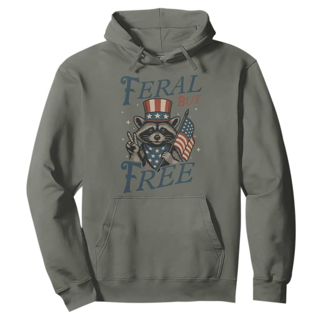 Funny Raccoon Patriotic Hoodie Feral But Free 4th Of July American Flag TS02 Military Green Print Your Wear