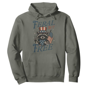 Funny Raccoon Patriotic Hoodie Feral But Free 4th Of July American Flag TS02 Military Green Print Your Wear