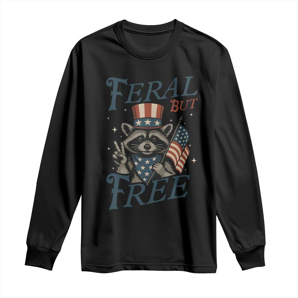 Funny Raccoon Patriotic Long Sleeve Shirt Feral But Free 4th Of July American Flag TS02 Black Print Your Wear