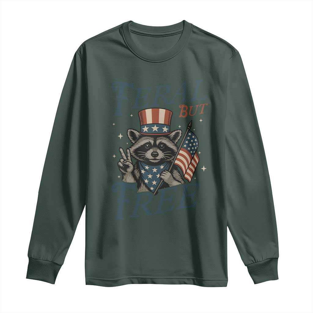 Funny Raccoon Patriotic Long Sleeve Shirt Feral But Free 4th Of July American Flag TS02 Dark Forest Green Print Your Wear