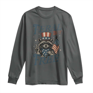 Funny Raccoon Patriotic Long Sleeve Shirt Feral But Free 4th Of July American Flag TS02 Dark Heather Print Your Wear