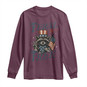 Funny Raccoon Patriotic Long Sleeve Shirt Feral But Free 4th Of July American Flag TS02 Maroon Print Your Wear