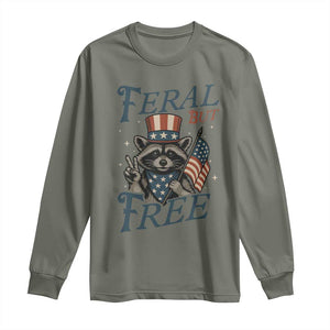 Funny Raccoon Patriotic Long Sleeve Shirt Feral But Free 4th Of July American Flag TS02 Military Green Print Your Wear