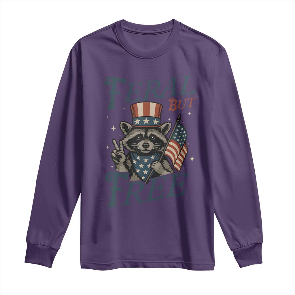 Funny Raccoon Patriotic Long Sleeve Shirt Feral But Free 4th Of July American Flag TS02 Purple Print Your Wear