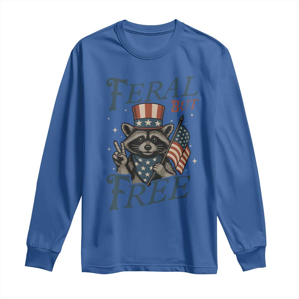 Funny Raccoon Patriotic Long Sleeve Shirt Feral But Free 4th Of July American Flag TS02 Royal Blue Print Your Wear