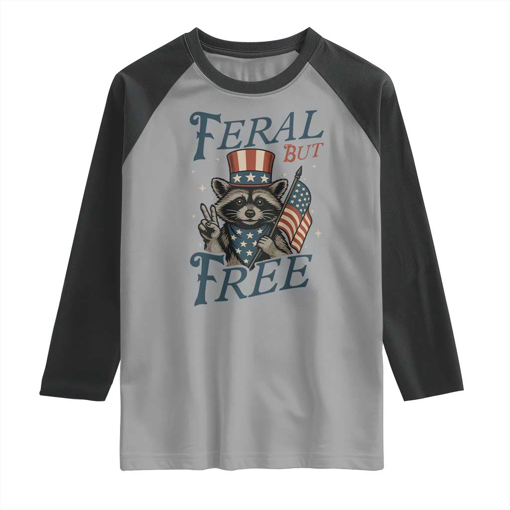 Funny Raccoon Patriotic Raglan Shirt Feral But Free 4th Of July American Flag TS02 Sport Gray Black Print Your Wear