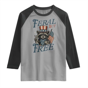 Funny Raccoon Patriotic Raglan Shirt Feral But Free 4th Of July American Flag TS02 Sport Gray Black Print Your Wear