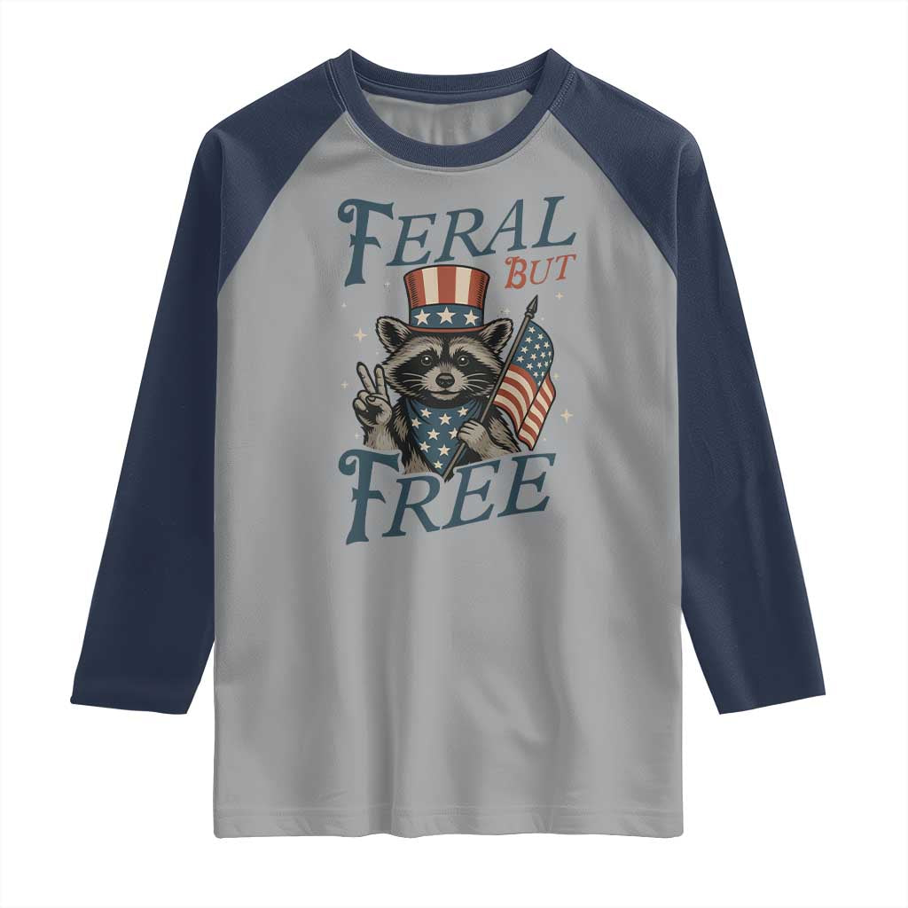 Funny Raccoon Patriotic Raglan Shirt Feral But Free 4th Of July American Flag TS02 Sport Gray Navy Print Your Wear