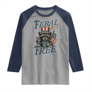 Funny Raccoon Patriotic Raglan Shirt Feral But Free 4th Of July American Flag TS02 Sport Gray Navy Print Your Wear