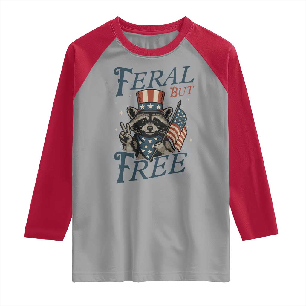 Funny Raccoon Patriotic Raglan Shirt Feral But Free 4th Of July American Flag TS02 Sport Gray Red Print Your Wear