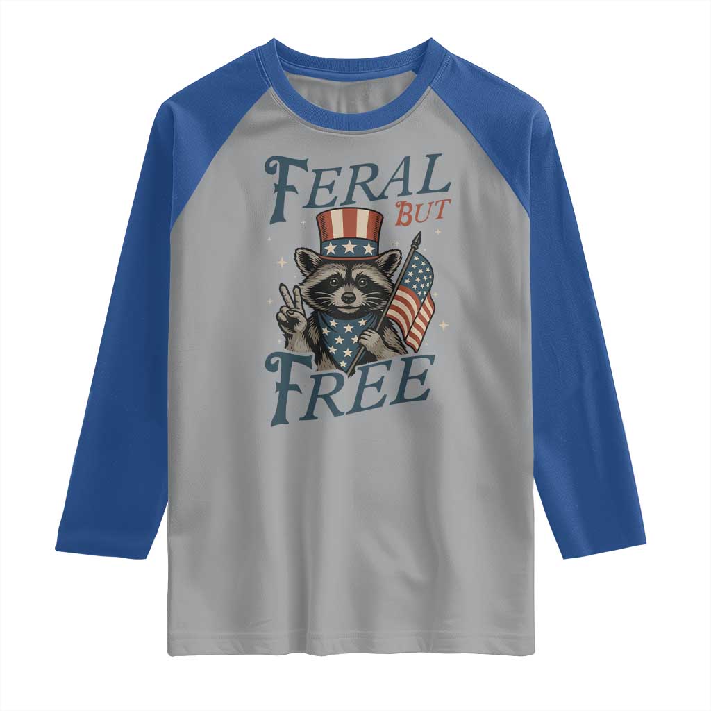 Funny Raccoon Patriotic Raglan Shirt Feral But Free 4th Of July American Flag TS02 Sport Gray Royal Print Your Wear