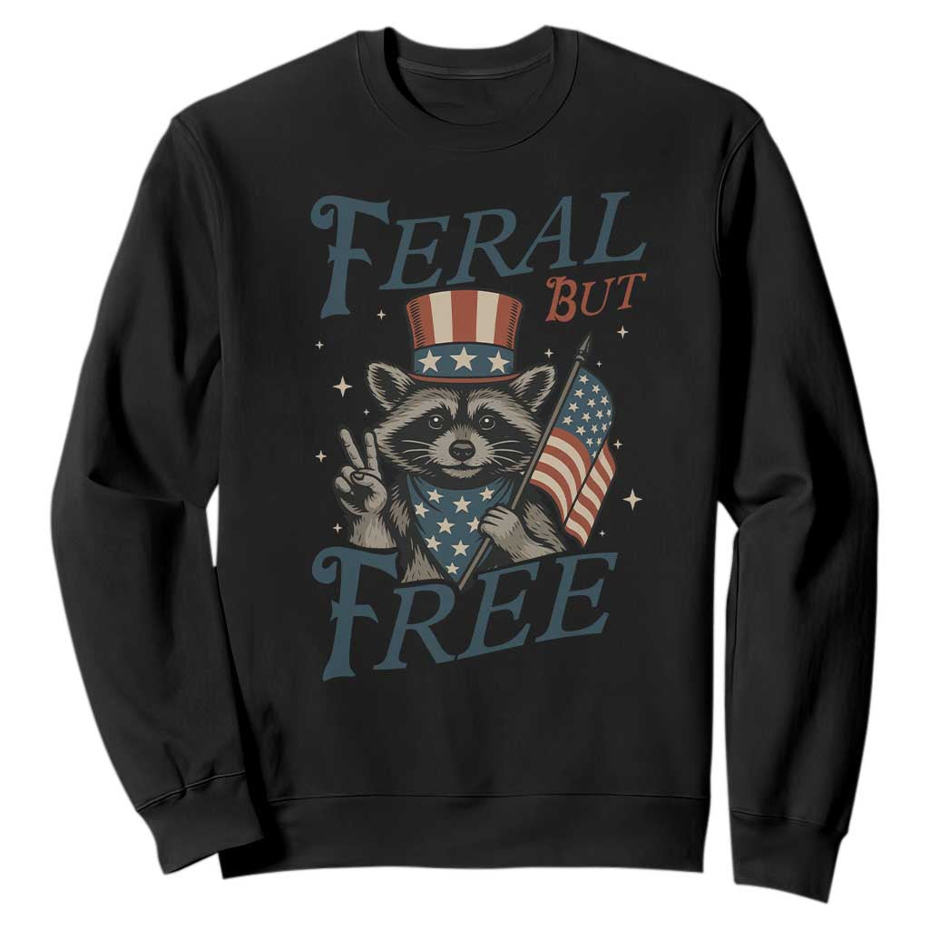 Funny Raccoon Patriotic Sweatshirt Feral But Free 4th Of July American Flag TS02 Black Print Your Wear