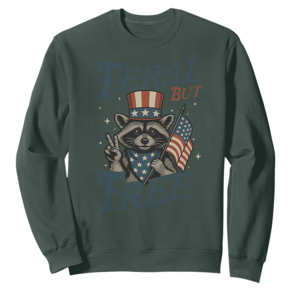 Funny Raccoon Patriotic Sweatshirt Feral But Free 4th Of July American Flag TS02 Dark Forest Green Print Your Wear