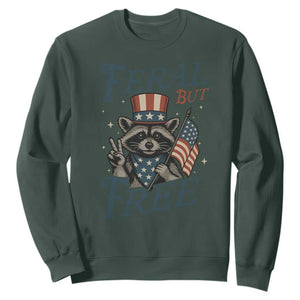 Funny Raccoon Patriotic Sweatshirt Feral But Free 4th Of July American Flag TS02 Dark Forest Green Print Your Wear