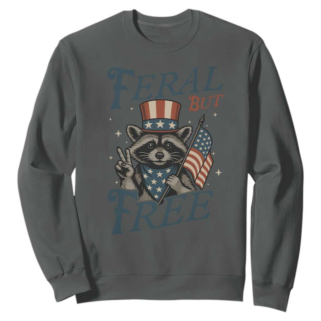 Funny Raccoon Patriotic Sweatshirt Feral But Free 4th Of July American Flag TS02 Dark Heather Print Your Wear