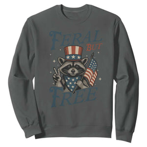 Funny Raccoon Patriotic Sweatshirt Feral But Free 4th Of July American Flag TS02 Dark Heather Print Your Wear