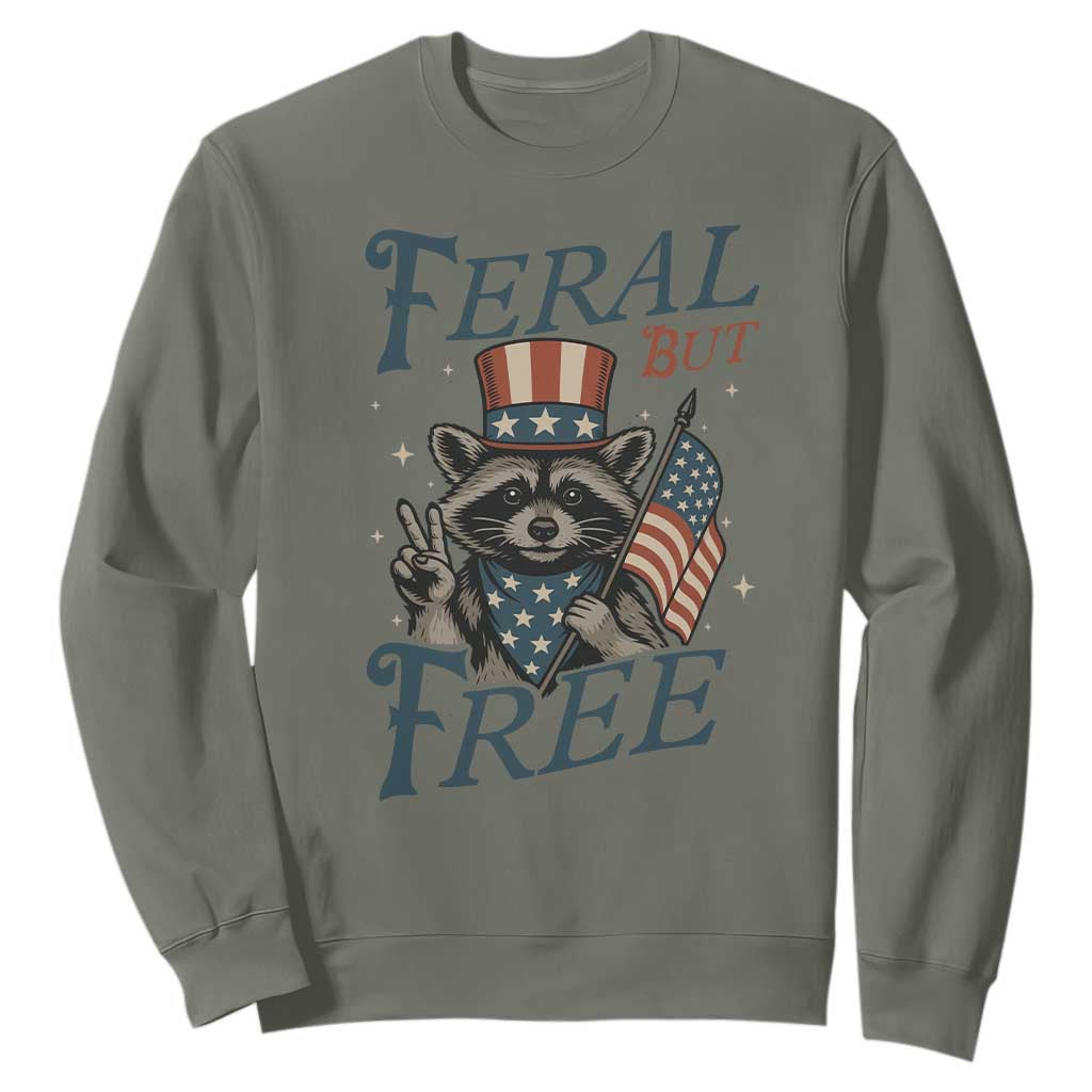 Funny Raccoon Patriotic Sweatshirt Feral But Free 4th Of July American Flag TS02 Military Green Print Your Wear