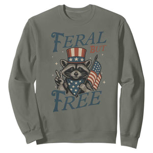 Funny Raccoon Patriotic Sweatshirt Feral But Free 4th Of July American Flag TS02 Military Green Print Your Wear