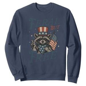 Funny Raccoon Patriotic Sweatshirt Feral But Free 4th Of July American Flag TS02 Navy Print Your Wear