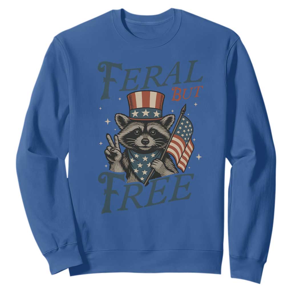 Funny Raccoon Patriotic Sweatshirt Feral But Free 4th Of July American Flag TS02 Royal Blue Print Your Wear