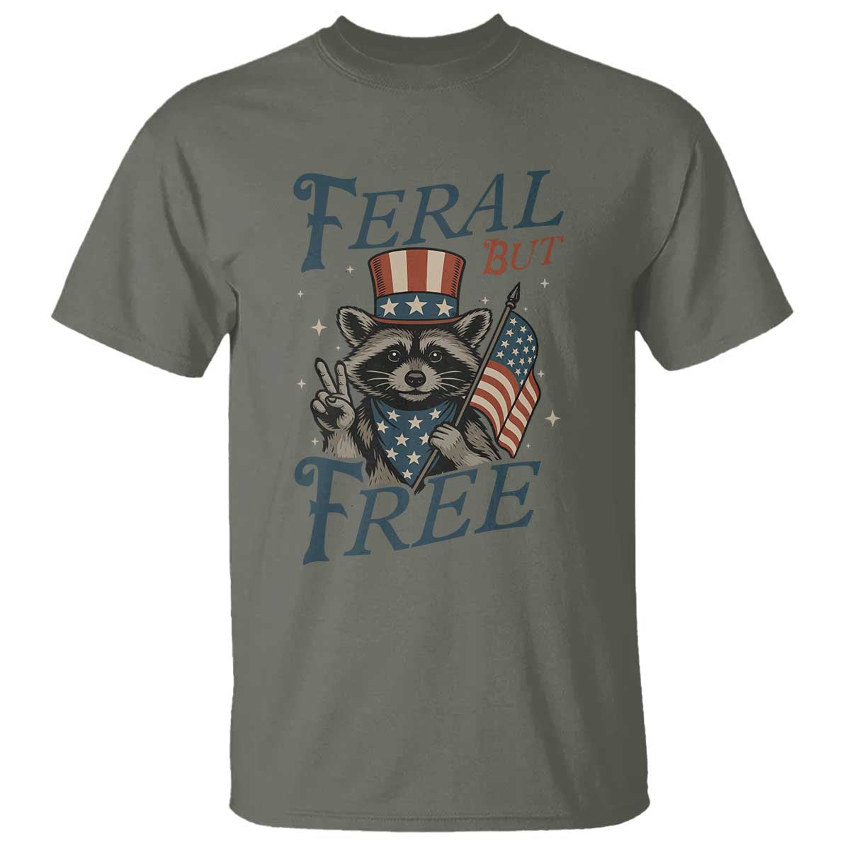Funny Raccoon Patriotic T Shirt Feral But Free 4th Of July American Flag TS02 Military Green Print Your Wear