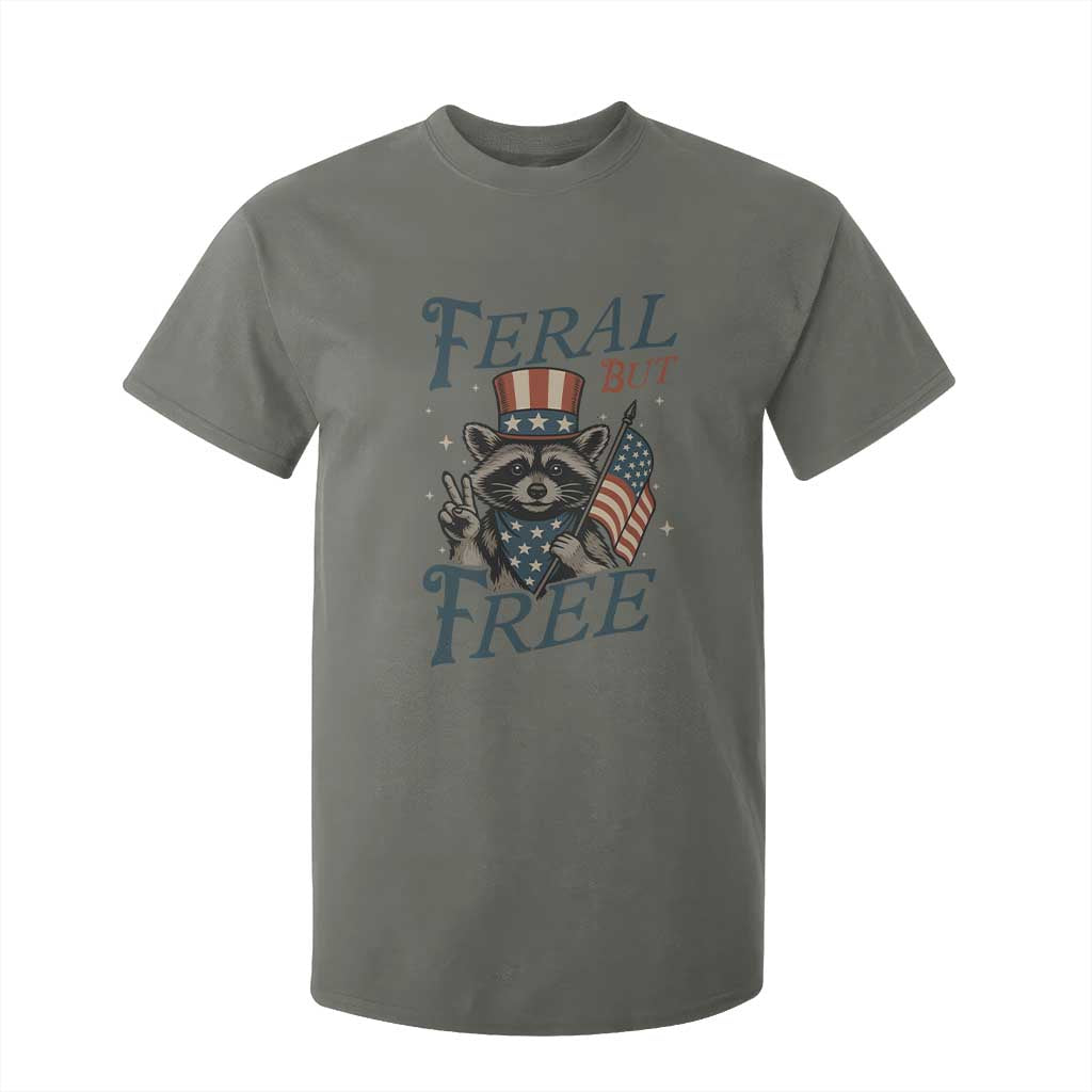 Funny Raccoon Patriotic T Shirt For Kid Feral But Free 4th Of July American Flag TS02 Military Green Print Your Wear