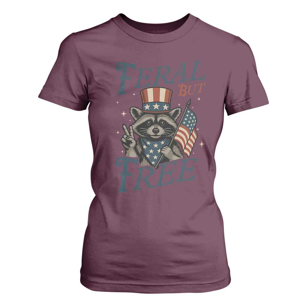 Funny Raccoon Patriotic T Shirt For Women Feral But Free 4th Of July American Flag TS02 Maroon Print Your Wear