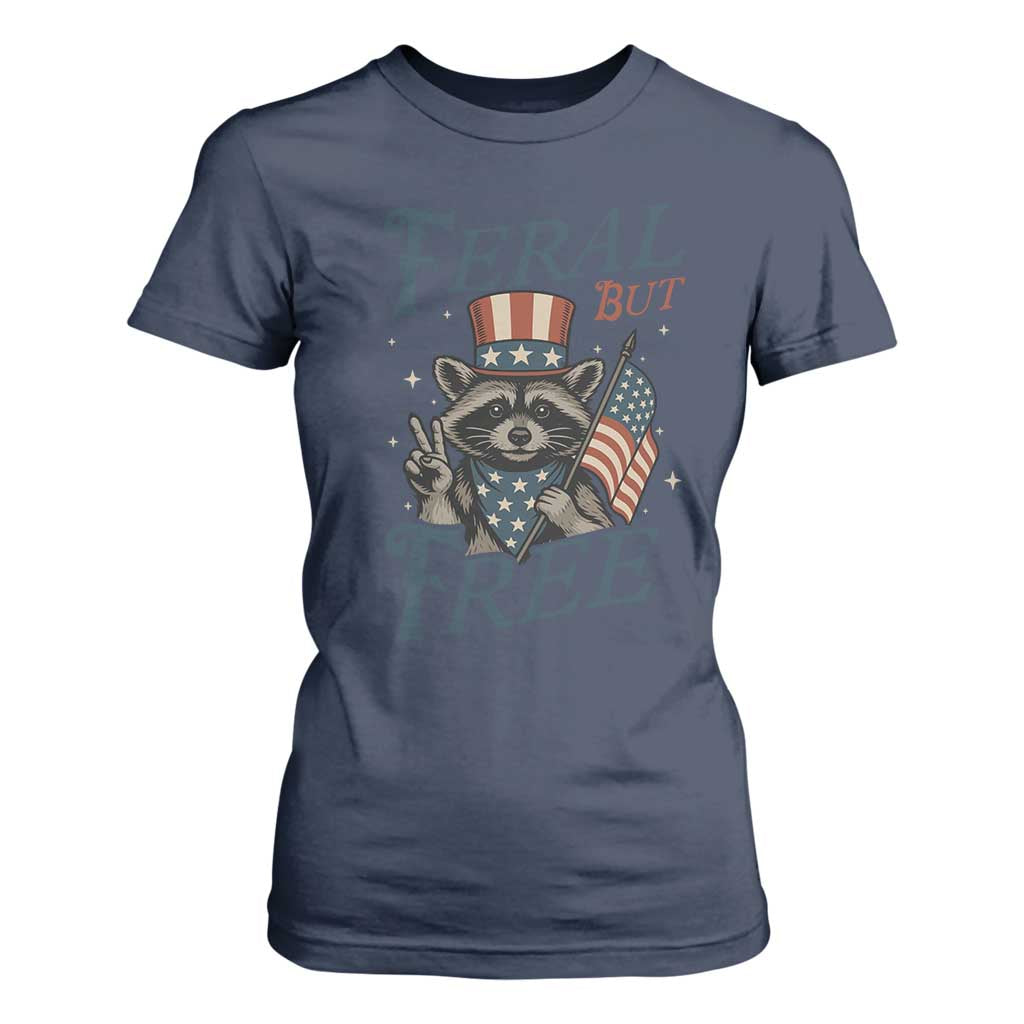 Funny Raccoon Patriotic T Shirt For Women Feral But Free 4th Of July American Flag TS02 Navy Print Your Wear