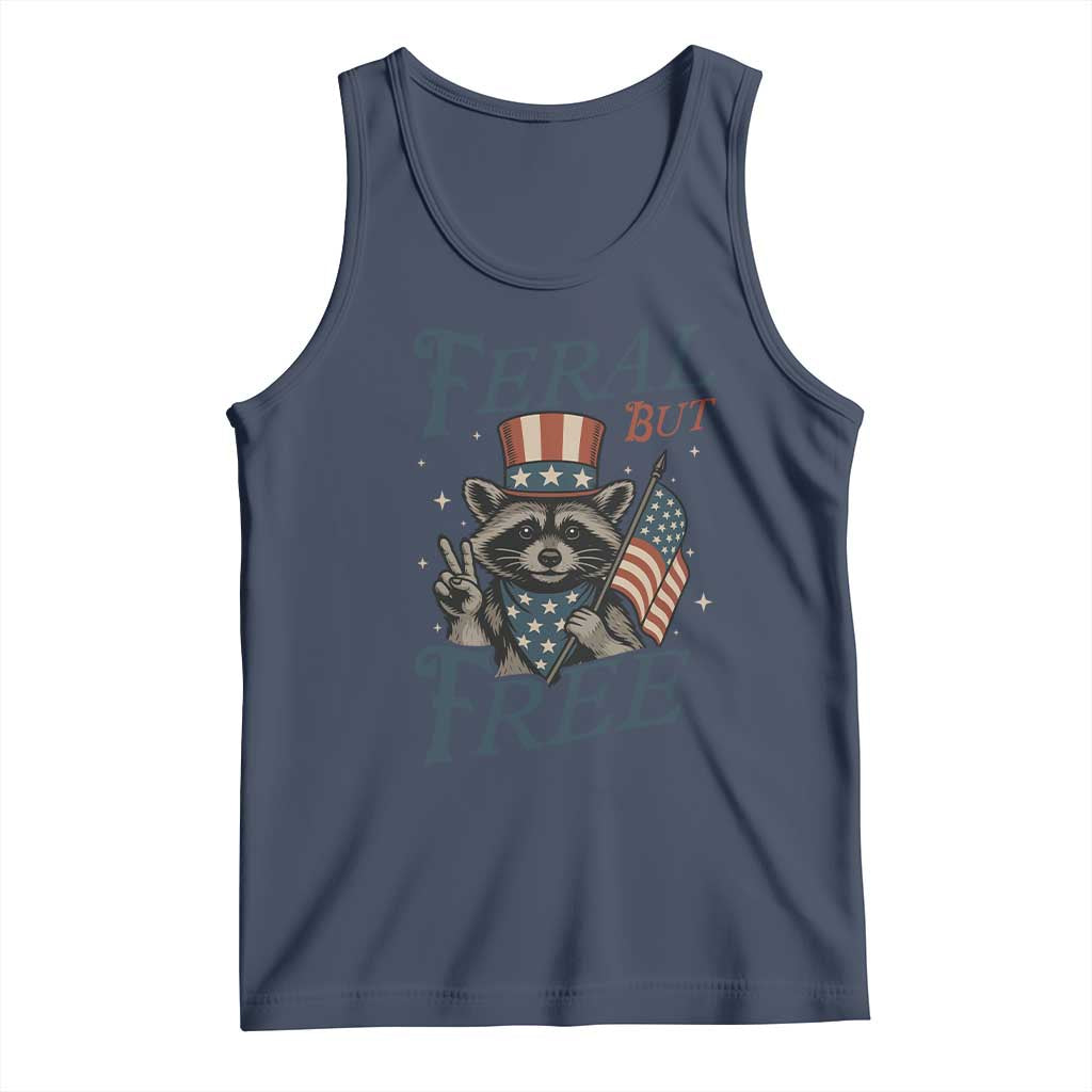 Funny Raccoon Patriotic Tank Top Feral But Free 4th Of July American Flag TS02 Navy Print Your Wear