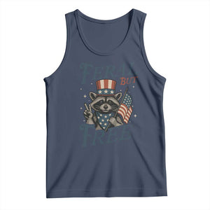 Funny Raccoon Patriotic Tank Top Feral But Free 4th Of July American Flag TS02 Navy Print Your Wear