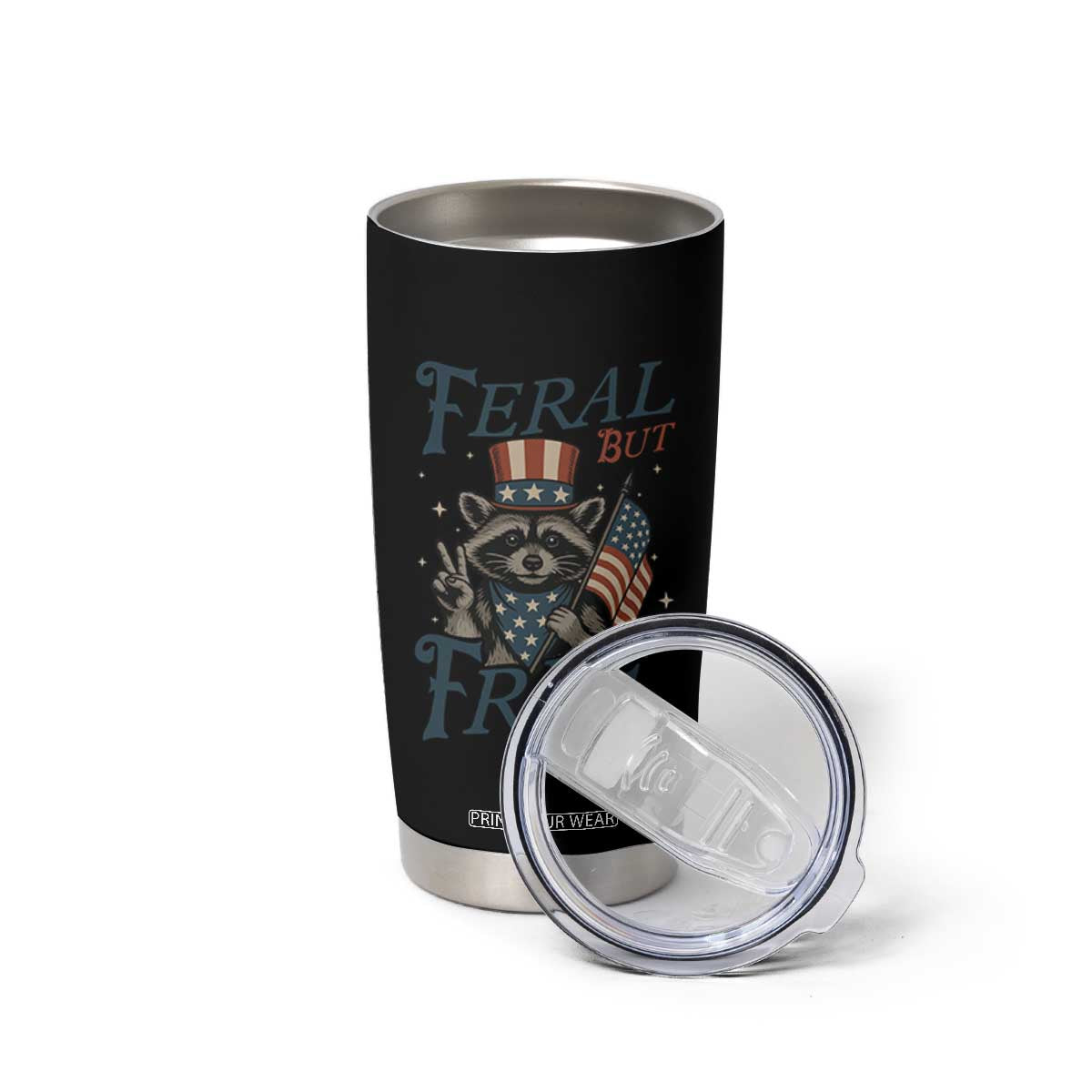 Funny Raccoon Patriotic Tumbler Cup Feral But Free 4th Of July American Flag TS02 Print Your Wear