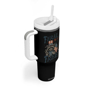 Funny Raccoon Patriotic Tumbler With Handle Feral But Free 4th Of July American Flag TS02 Print Your Wear