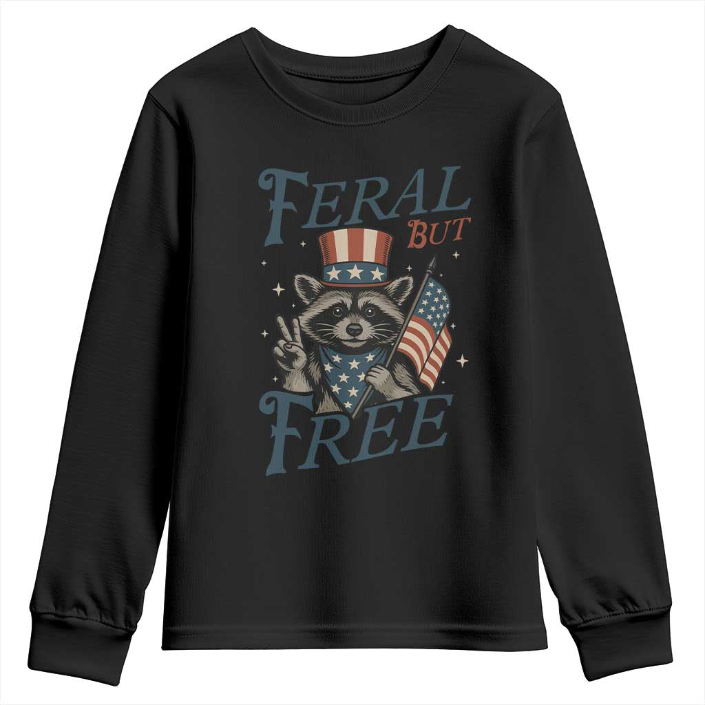 Funny Raccoon Patriotic Youth Sweatshirt Feral But Free 4th Of July American Flag TS02 Black Print Your Wear