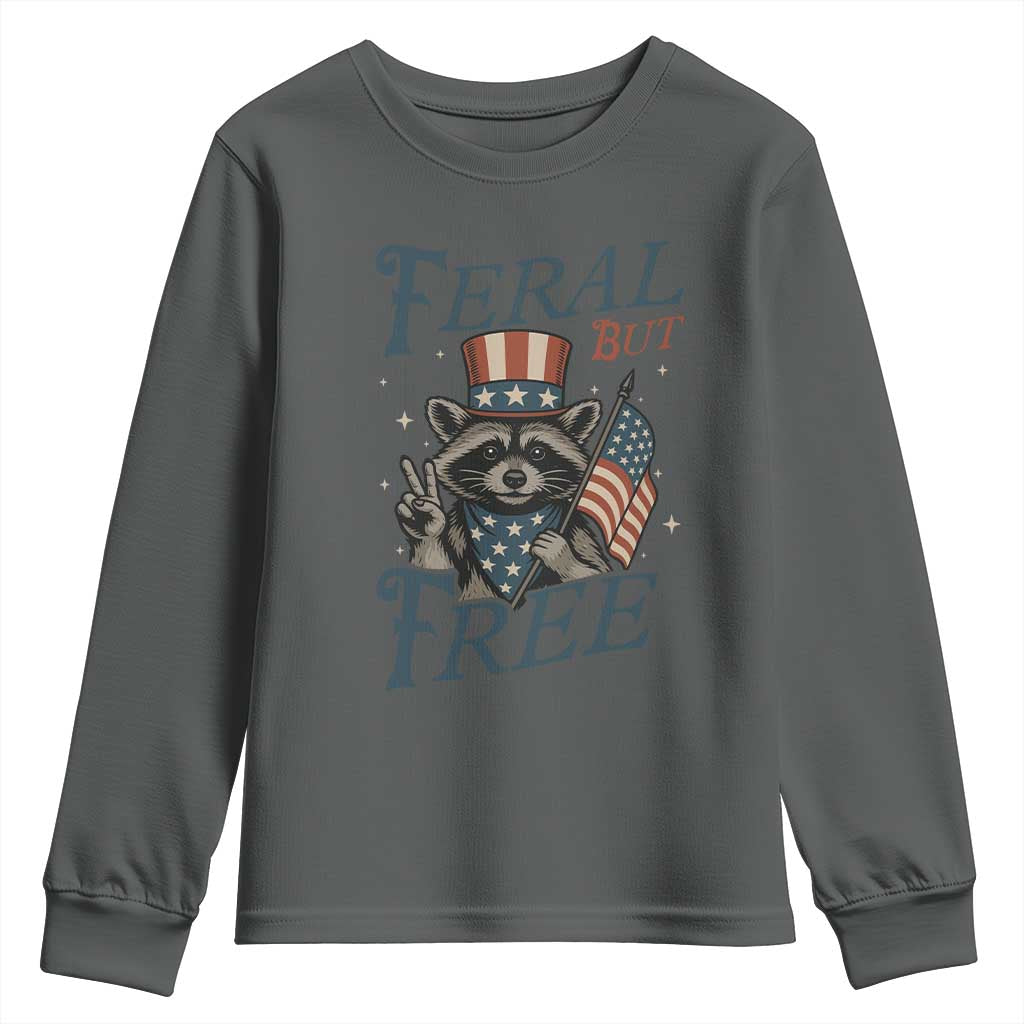 Funny Raccoon Patriotic Youth Sweatshirt Feral But Free 4th Of July American Flag TS02 Dark Heather Print Your Wear