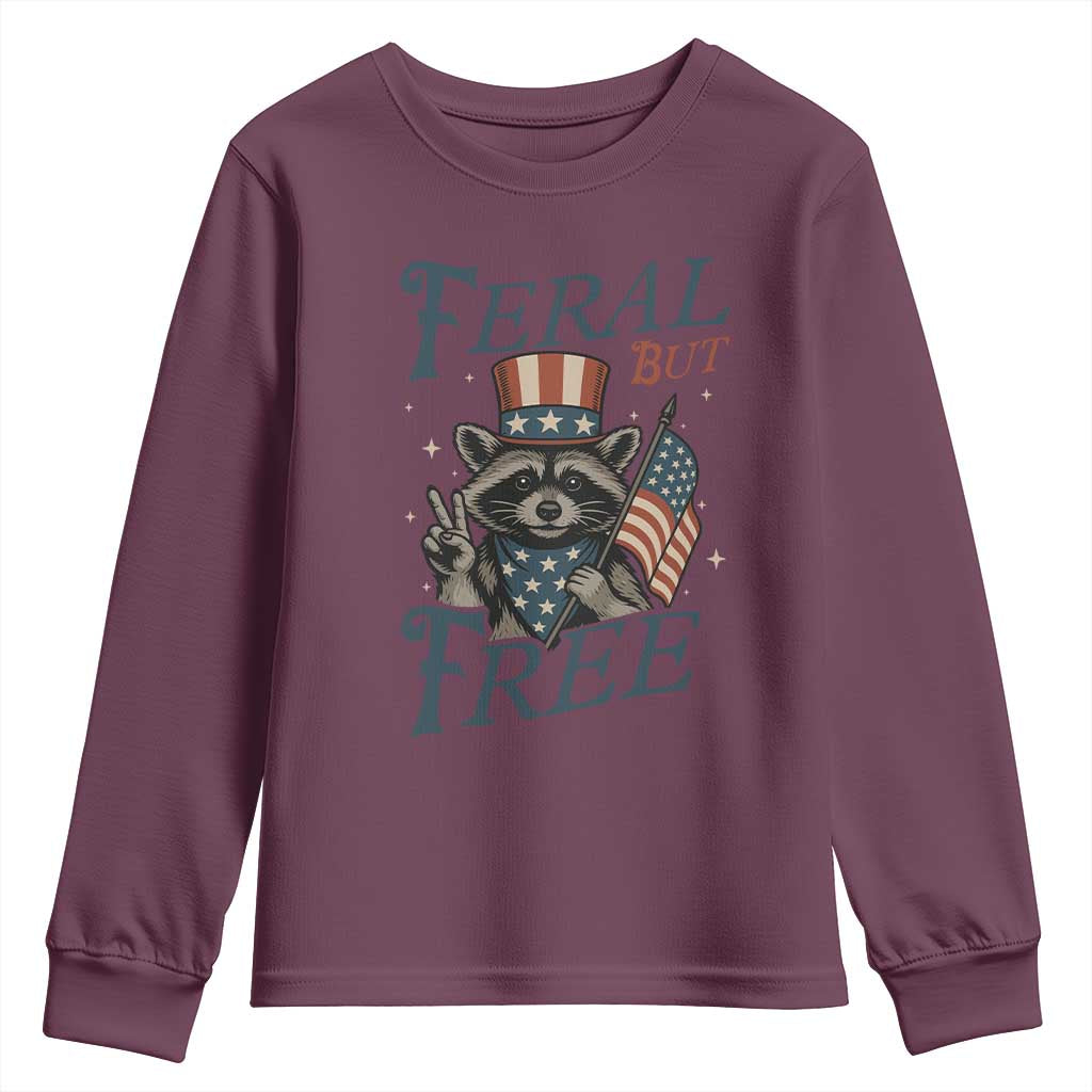 Funny Raccoon Patriotic Youth Sweatshirt Feral But Free 4th Of July American Flag TS02 Maroon Print Your Wear