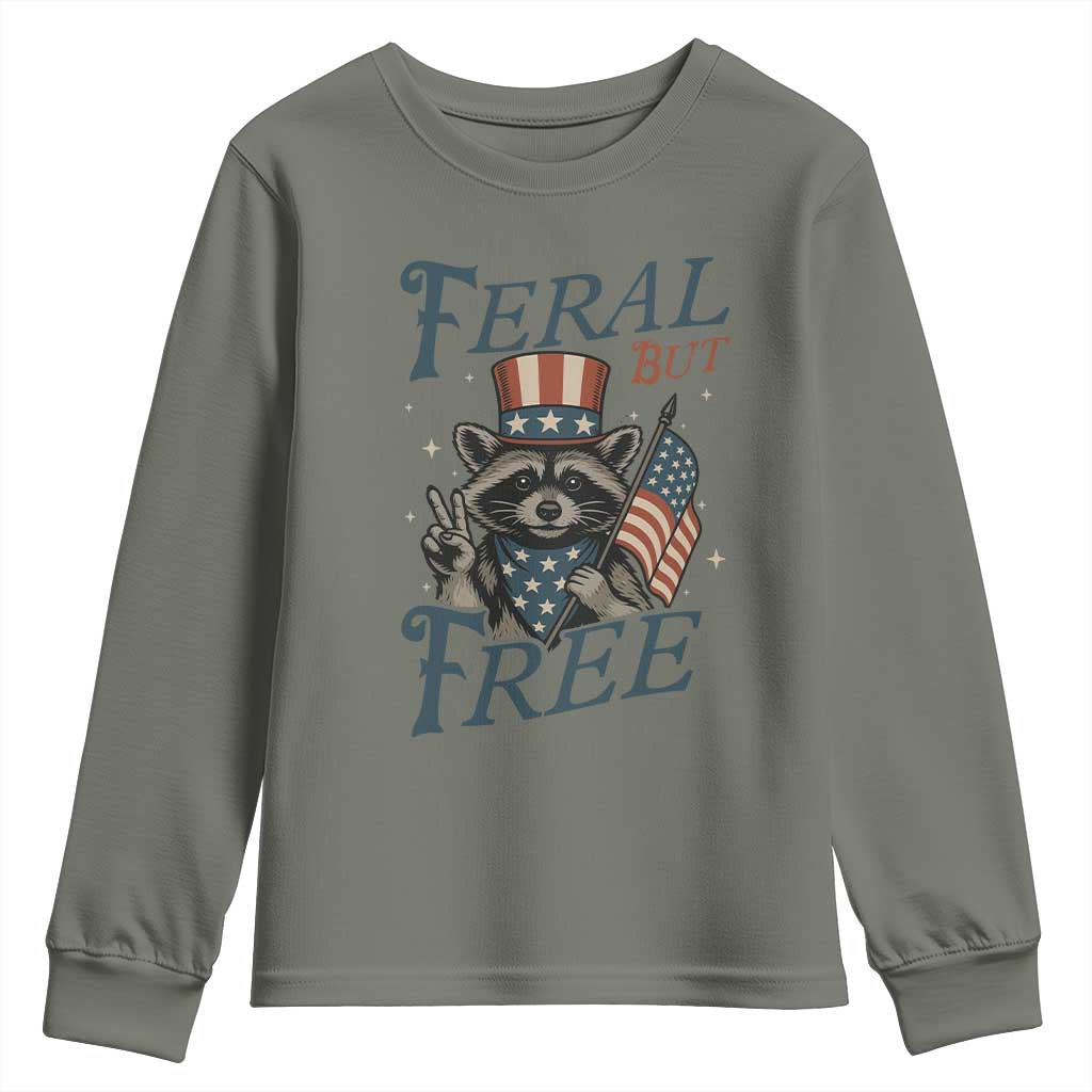 Funny Raccoon Patriotic Youth Sweatshirt Feral But Free 4th Of July American Flag TS02 Military Green Print Your Wear