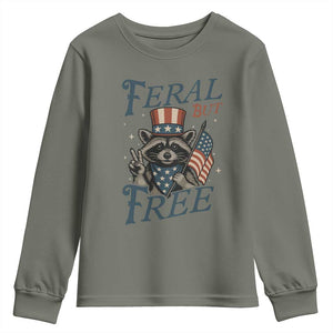 Funny Raccoon Patriotic Youth Sweatshirt Feral But Free 4th Of July American Flag TS02 Military Green Print Your Wear