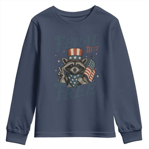Funny Raccoon Patriotic Youth Sweatshirt Feral But Free 4th Of July American Flag TS02 Navy Print Your Wear