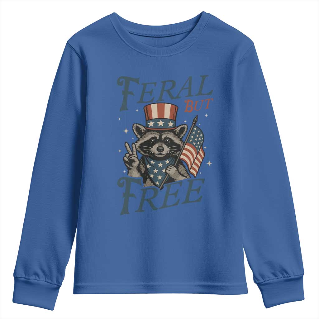 Funny Raccoon Patriotic Youth Sweatshirt Feral But Free 4th Of July American Flag TS02 Royal Blue Print Your Wear