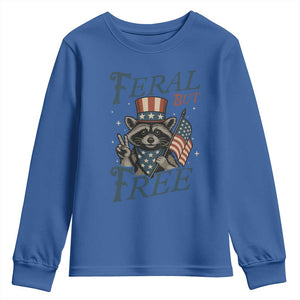 Funny Raccoon Patriotic Youth Sweatshirt Feral But Free 4th Of July American Flag TS02 Royal Blue Print Your Wear
