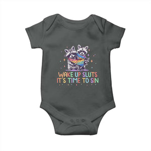 Funny Racoon Pride Baby Onesie Wake Up Sluts It Is Time To Sin LGBTQ Rainbow Flag TS10 Dark Heather Print Your Wear