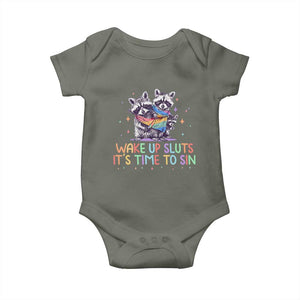 Funny Racoon Pride Baby Onesie Wake Up Sluts It Is Time To Sin LGBTQ Rainbow Flag TS10 Military Green Print Your Wear