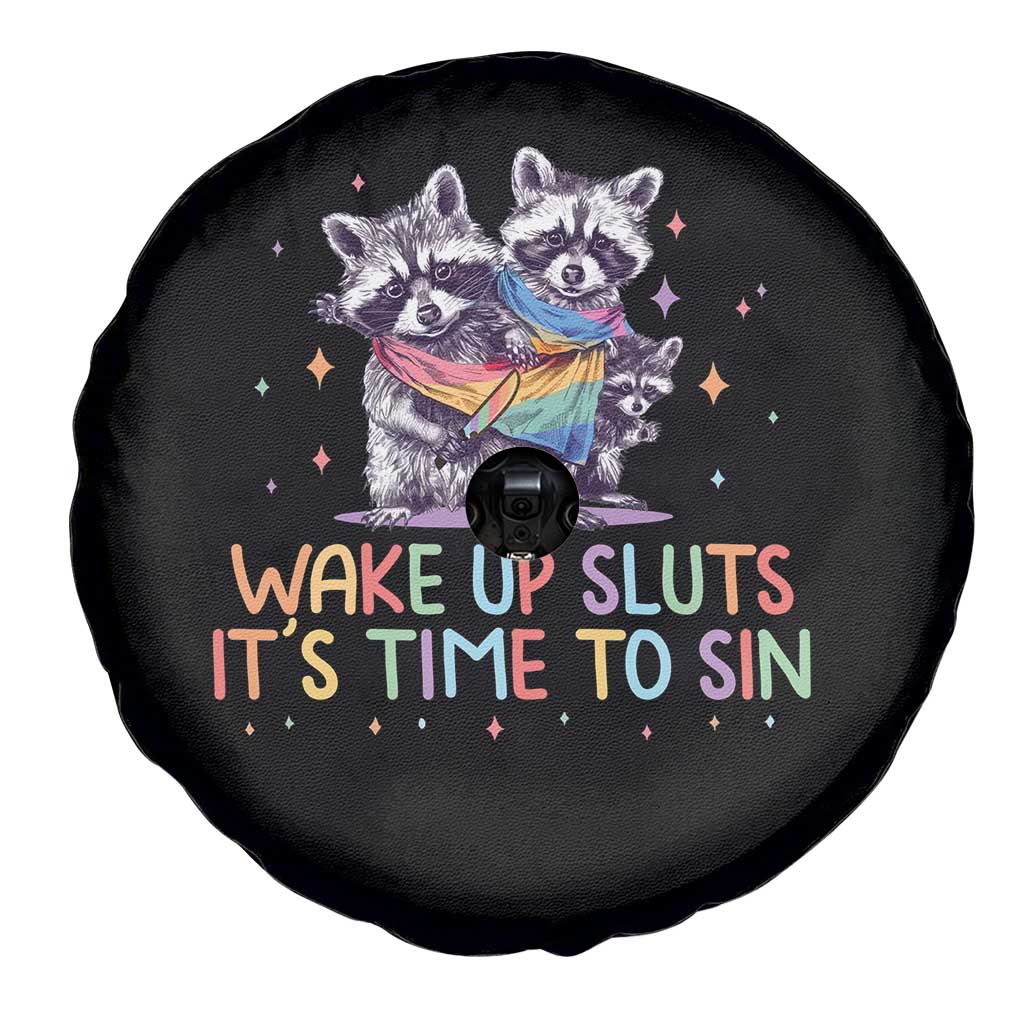 Funny Racoon Pride Spare Tire Cover Wake Up Sluts It Is Time To Sin LGBTQ Rainbow Flag TS10 Print Your Wear