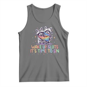 Funny Racoon Pride Tank Top Wake Up Sluts It Is Time To Sin LGBTQ Rainbow Flag TS10 Black Heather Print Your Wear