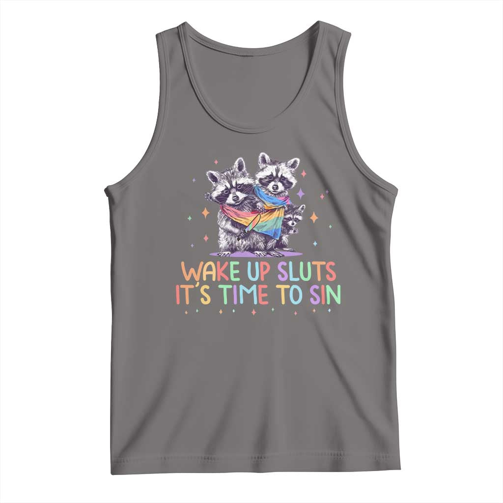 Funny Racoon Pride Tank Top Wake Up Sluts It Is Time To Sin LGBTQ Rainbow Flag TS10 Deep Heather Print Your Wear