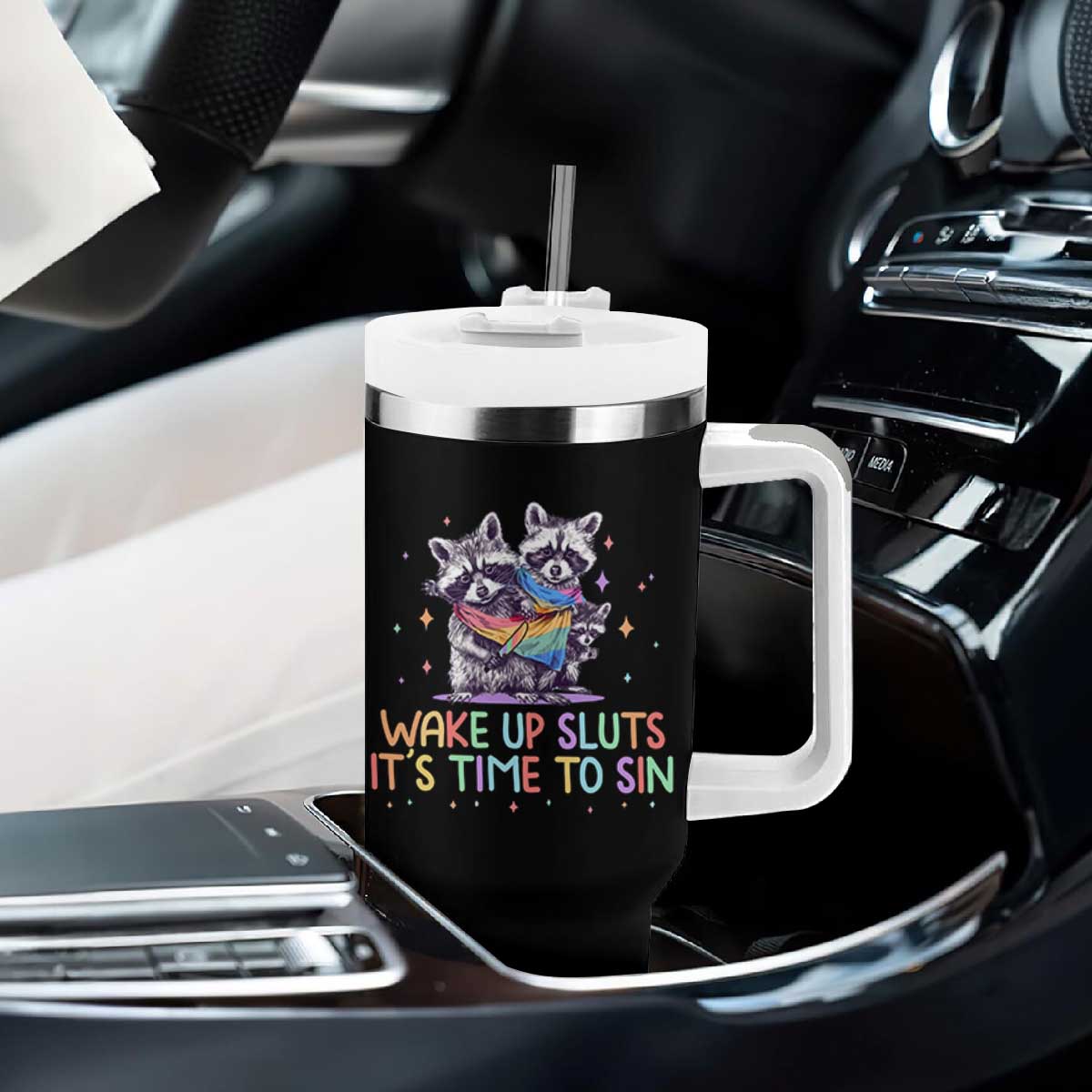 Funny Racoon Pride Tumbler With Handle Wake Up Sluts It Is Time To Sin LGBTQ Rainbow Flag TS10 Print Your Wear