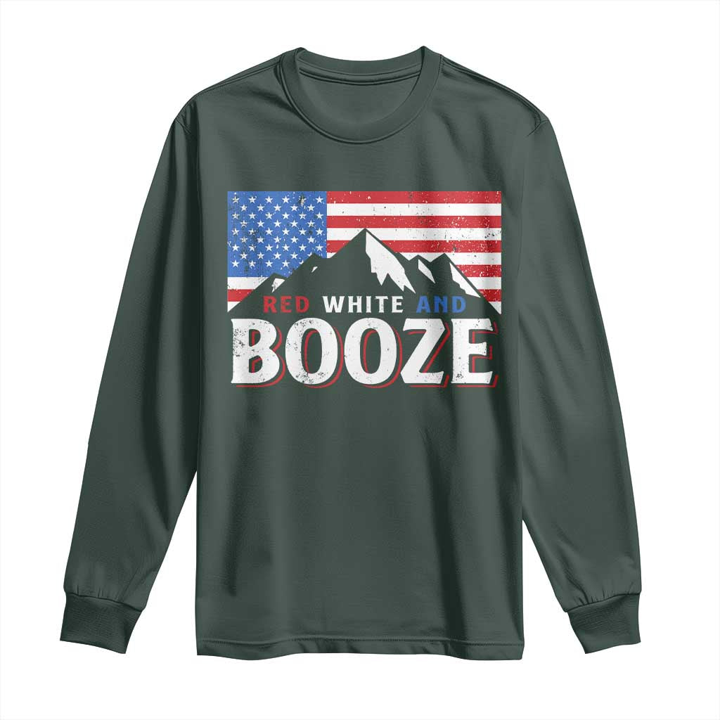 Funny Red White And Booze Long Sleeve Shirt 4th Of July Beer American Flag TS11 Dark Forest Green Print Your Wear