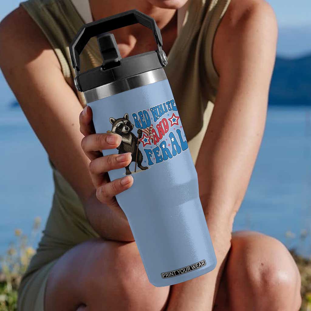 Funny Red White And Feral Flip Straw Tumbler Raccoon 4th of July Patriotic TS11 One Size: 30 oz Light Blue Print Your Wear